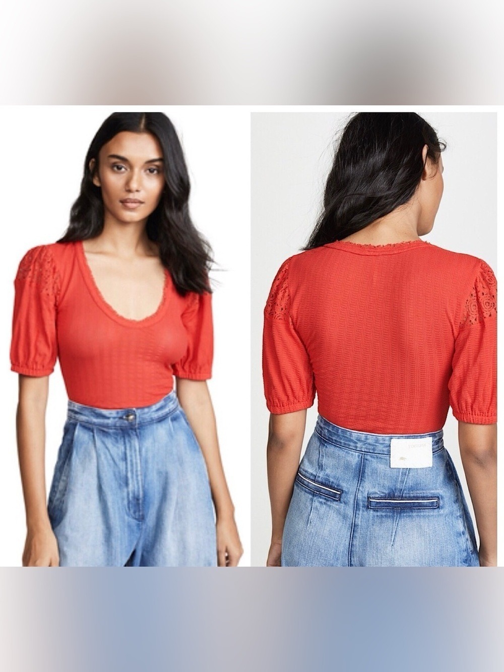 Free People St. James Bright Red Rough Edge Puff Sleeve Top - Size Large
